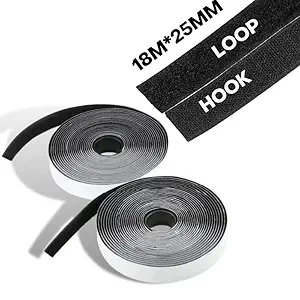 Royalkart Hook & Loop Tape Roll Strips with Adhesive Back Mounting Tape for Picture & Tools Hanging Pedal Board Fastening (18m Hook + 18m Loop) Black Stick-On Tape (Black)