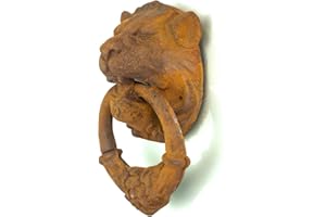 Antikas - Heurtoir portail de jardin grand lion, décoration de portail antique, anneau en fer.