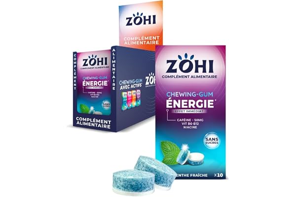 ZOHI Chewing-gum sans sucres avec actifs - Boost Energie - Goût menthe fraîche - Complément alimentaire avec édulcorants - Boîte de 12 plaquettes de 10 chewing-gums