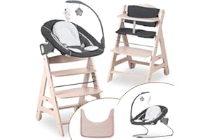 hauck Seggiolone Beta Plus Deluxe - Seggiolone Evolutivo in Legno con Sdraietta e Dondolo per Neonati, Sediolone Pappa, Sicurezza Massima con Cintura a 5 Punti, Regolabile per Tavoli Standard -