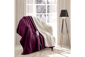 rejuvopedic Electric Heated Blanket Throw Fleece Sherpa EXTRA LONG 180cms, (Plum) 6 Heat Settings, Auto Shut Off, Machine Washable