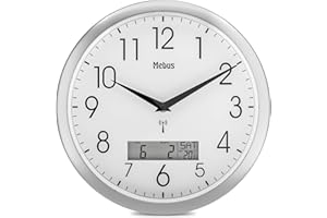 Mebus Funk-Wanduhr, 29 cm, lautlos, LCD-Anzeige für Datum und Temperatur, weiß, Modell 19422 - Multifunktional und leise