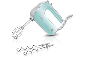 ‎BOSCH HAUSGERÄTE Bosch Handrührer Styline MFQ40302, 2 Rührbesen, 2 Edelstahl-Knethaken, spülmaschinengeeignet, 5 Stufen plus Turbostufe, 500 W, türkis/silber