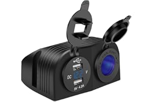 HOEMBPN YGL 4.2A Double USB Chargeur Moto étanche + 12V/24V Prise Allume-Cigare Panneau de Type Tente à Deux Trous,avec Voltmètre LED, pour Voitures Bateaux Camping-Car