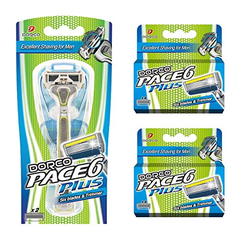 Dorco Pace 6 Plus Razor for Men: Ultra-sharp six blade Design – Pivoting Head for Maximum Coverage – Built-In Fine Sculpting Trimmer – Lubrication Strip with Aloe and Vitamin E – 10 Blades + 1 Handle