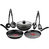 Pigeon Mio Nonstick Aluminum Cookware Gift Set, Includes Flat Tawa, Fry Pan, Kadai with Glass Lid, Kitchen Tool Set, Black, 8