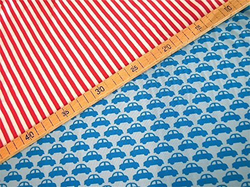 0,5m Jersey Autos blau-türkis & 0,5m Ringel Jersey rot/ weiß Muster-Mix 95% Baumwolle 5% Elastan Stoffbreite 1,4m (insgesamt 1m x 1,4m) - 2