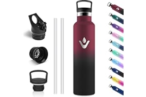 Vikastar Gourde Isotherme, 1000 ml Anti-Fuite, Bouteille Isotherme, sans BPA, Gourde Inox, Réutilisable, Gourde Isotherme 1L pour Fitness, École, Sport, Cyclisme, Rouge & Noir