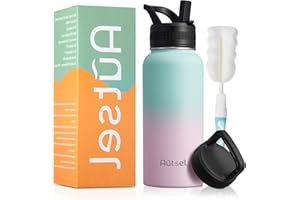 Autsel Botella de Agua Térmica Botella de agua de acero inoxidable Sport 950ml Doble Pared 2 Tapas para Oficina Camping Julepe de menta