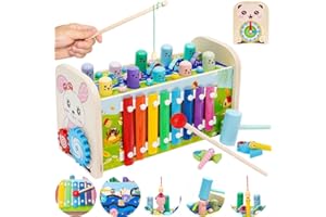 NUKDEY Giocattolo di Legno Martello con Pesca, Xilofono, Ingranaggi in Movimento, Orologio Giocattolo, Pioli Mallet Pound e Tap Toys e Xilofono Giocattoli Musicali in Legno per Bambini Bambino Bambino