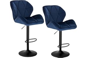 WOLTU Bar Stools Set of 2 Bar Chairs Breakfast Dining Stools for Kitchen Island Counter Barstools, Adjustable Swivel Gas Lift, Metal Footrest & Black Base, Blue Velvet