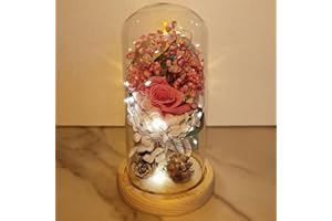 UNIQICON La Bella y La Bestia Rosa Encantada, Rosa Eterna, Elegante Cúpula Rosa de Cristal con Base Pino Luces LED, Románticos Rosa Regalos para San Valentin, Día de la Cumpleaños, Mujer, Madre, Novia