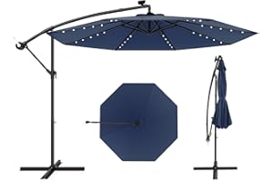 COSTWAY Parasol Déporté 3M Hexagonale, avec 40 LED Solaire, Inclinable, 8 Baleines en Métal, Base Croisée, Parasol à Manivelle pour Jardin Extérieur, Terrasse, Bord de Piscine (Bleu Marine)