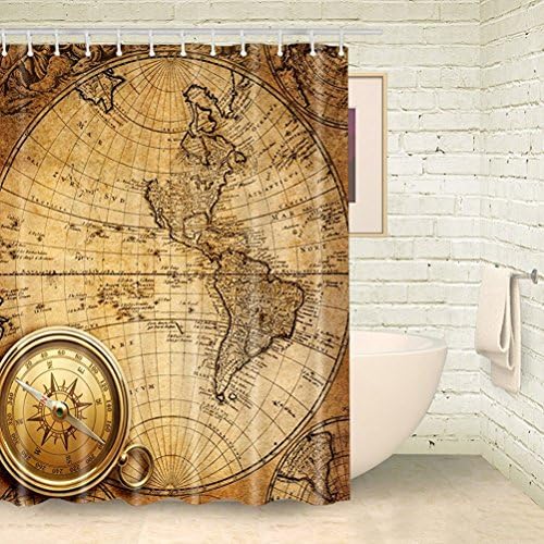 CHATAE Shower Curtain Vinatge World Map Bath Curtains Compass Shower Curtain Bathroom Yellow Fabric Curtain with Shower Rings (70" Wx70 L)