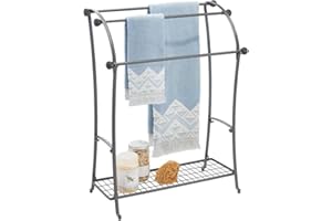 mDesign Wieszak na r?czniki – Metalowy stojak na r?czniki – Organizer do ?azienki z uchwytami do powieszania – Srebrny