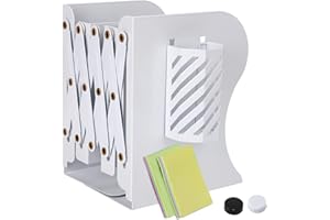 Buchstütze,DARUITE Verstellbar Bücherhalter für Regal,Buchständer Kinder mit Stifthalter,Adjustable Bookends Metall Bücherregal rutschfeste,Ablage Büromaterial für Büro Schule Bibliothek (Weiß)