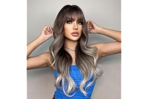 Lemeiz LEMEIZ-138 Perruque de cheveux synthétiques longs ondulés avec frange aspect naturel et sans colle Châtain dégradé à blond cendré 55,9 cm