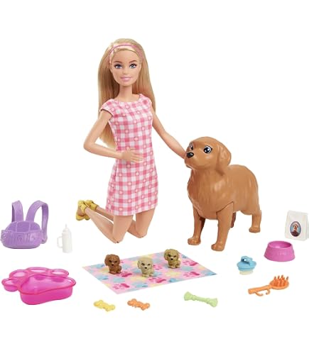 Barbie Puppe & Tiere Set – Mit Sommerlichem Outfit Und Zwei Hundebabys, Inkl. Accessoires