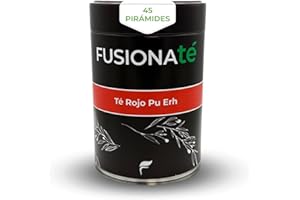 FUSIONATE Te Rojo Pu-Erh, Lata de 45 Pirámides bolsitas de té, Sabor Terroso, Cultivado en Yunnan China, Infusión Digestiva y Energizante