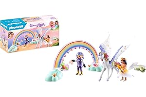 Playmobil 71361 Cheval ailé à décorer, Comprend Une Princesse, Un Chevalier, Un Cheval ailé, Un véritable Peigne, Un Arc-en-Ciel avec boîtes de rangements Gamme Princess Magic pour Enfants dès 4 Ans