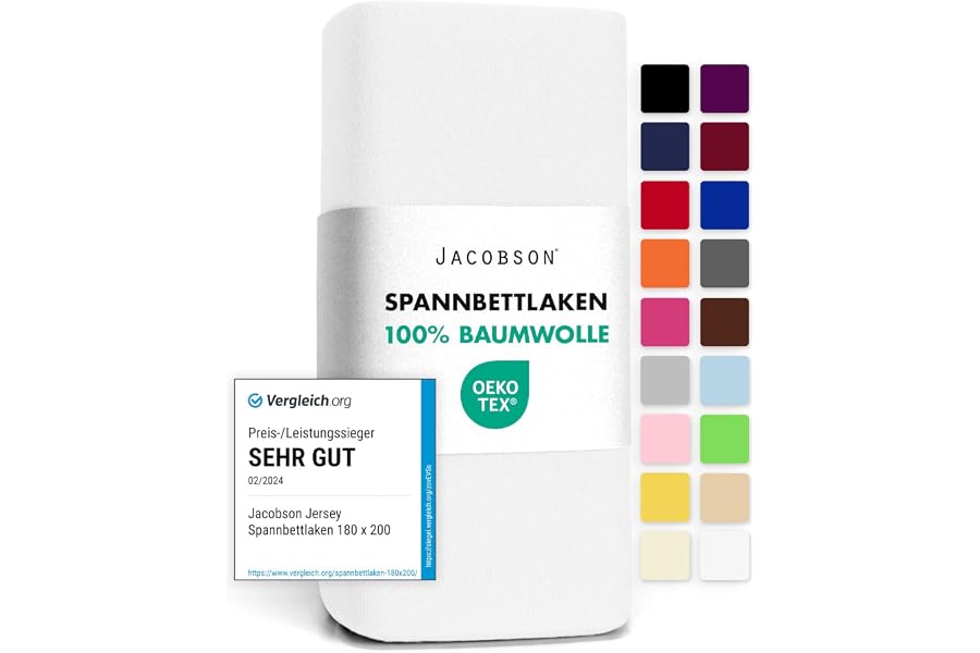 Jacobson Jersey Spannbettlaken Spannbetttuch Baumwolle Bettlaken (140x200-160x200 cm, Weiss)