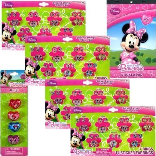 Disney Minnie Mouse Jewelry Party Favor 6-pack Set for Kids - Minnie Bow-tique Days of the Week Sticker Earrings and Rings Set for Kids, Minnie Bow-tique Stickers (4 Sheets) & Bonus Pack of Special Minnie Rings