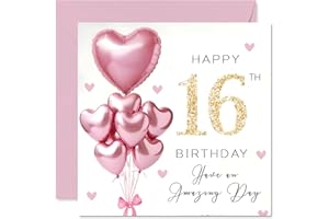 STUFF4 16th Birthday Cards for Girls - Pink Glitter Balloons - Happy Birthday Card for 16 Year Old Girl Cousin Daughter Niece Great Niece, 145mm Bday Greeting Cards