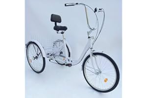 MINUS ONE 24" 6 Speed Adult 3 Wheel Tricycle, Elderly Adult Bicycle Cycling Pedal Bike with White Basket for Outdoor Sports Shopping Adjustable (White)