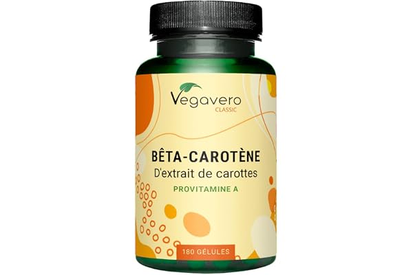 Bêta Carotène Vegavero® | 100% NATUREL & Vegan | Sans Additifs | Bronzage & Protection Peau | Extrait de Carotte Riche en Vitamine A | 180 gélules (6 mois)