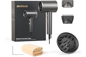 ‎BESTAUTY Bestauty Diffusor Föhn, Ionen Haartrockner kompakte Fön mit Heiß-/Kalttaste, 2000W Trocknet schnell Hair Dryer mit 3m Kable/3 Düse/1 Kopfhandtuch/1 Lagerungstasche, leise und klein, Grau