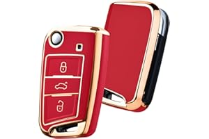 OATSBASF Car Key Cover for VW Golf 7 Key Box/Key Case Cover for VW, Polo, Skoda, Seat, 3 Buttons (Golden Edge Red)