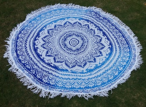 FuXing Runde Strand Handtuch mit Quaste, Böhmen Stil Kann als Tapisserie, Strand Decke, Strand-Schal, Bettwäsche Tagesdecke, Zigeuner Wandbehang, Runde Tischdecke, Deko-Wandbehang, Runder Meditations-Yogamatte, 59 Zoll Durchmesser (Blau) - 2