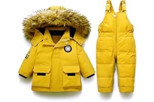 Acuryx Tuta da Neve 2 Pezzi da Bambini Ragazzi Capppotto in Piuma con Cappuccio Pellicia + Salopette da Neve Bambina Giacca Invernale Impermeabile