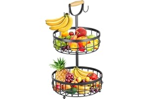 Piashow Frutero con 2 niveles, frutero grande con 2 ganchos y asas, acero inoxidable para guardar frutas, bandeja para servir buffets, aperitivos, verduras, postres, 53 x 28 x 28 cm