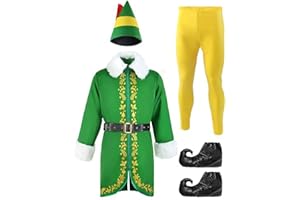 GENERICO Costumi da Uomo Elfo di Babbo Natale Vestito Natale per Adulti,Costume da Elfo Natalizio da Uomo Cappello Fantasia Copriscarpe Cintura Divertente Vestito da Festa per Adulto,Idee Regali Natale Amiche
