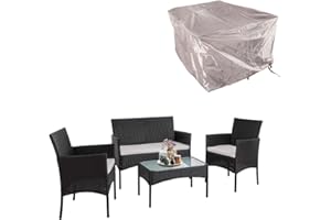GENERIC XEO HOME 4 Pc Rattan Garden Furniture Sets 4 Piece Indoor Outdoor Table and Chairs Set Balcony Patio and Conservatory Furniture Sofa Backyard Pool Side Coffee Seater (Black Rattan With Rain Cover)