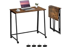 MEUBLE COSY Escritorio Plegable con Ruedas Mesa de Ordenador para Ahorrar Espacio Oficina Hogar Estudio, Estructura de Acero, Industrial, Montaje Sencillo, Marrón