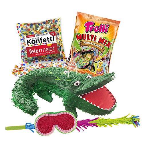 PINATA-SET: Pinata Krokodil + Schläger + Maske + Trolli Süßigkeiten-Füllung + Konfetti - Alligator - PARTYMARTY GMBH®
