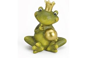 TEMPELWELT Dekofigur Gartenfigur Froschkönig Frosch 15 cm, Keramik Grün Mit Goldkugel Golden, Witzige Figur Märchenfrosch, Garten Deko Teichdekoration