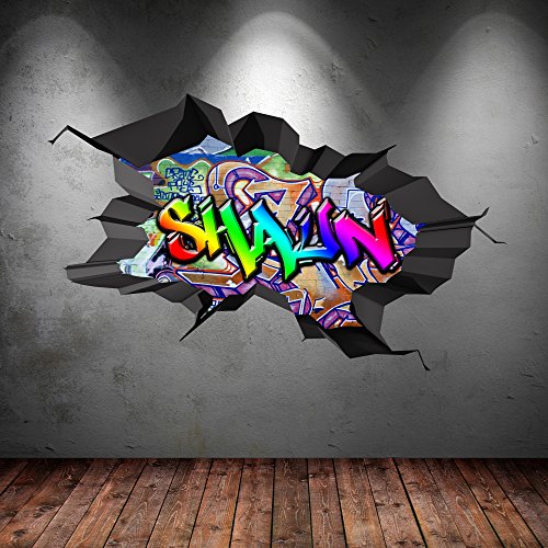 MULTI VOLLE FARBE PERSONALISIERT 3D GRAFFITI NAME AUSGEBROCHENES WANDKUNST AUFKLEBER WANDSTICKER - M 90cm(W) x 56cm (H)