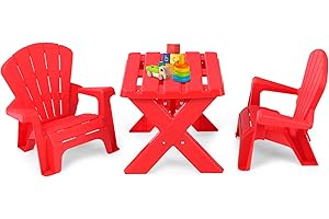 DREAMADE Ensemble Table et Chaises d'Extérieur Enfants,Table de Jeu Tout-Petits avec 2 Fauteuil Adirondack,Design Empilable,Meubles Enfants 50x41x38CM pour Plage,Jardin,Pelouse,Charge 30KG (Rouge)