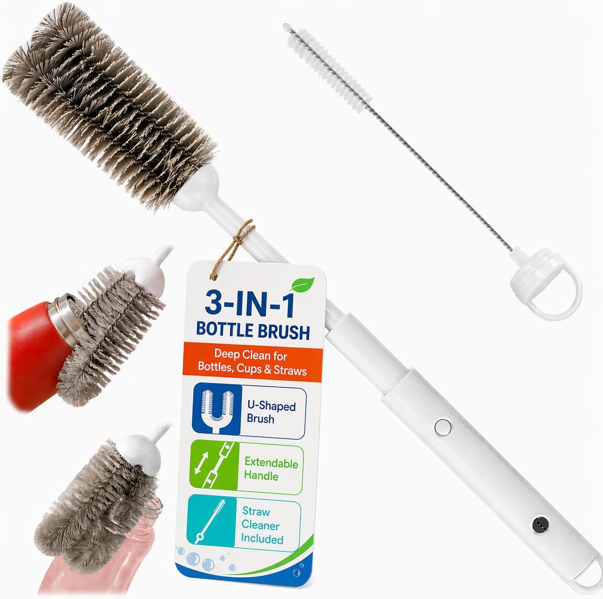 Cepillo Limpia Botellas por Dentro 3 en 1, Bottle Brush Extensible a 40cm con limpiapajas Oculto para termos de 1.5L, biberones, Copas de Vino y cuellos Estrechos