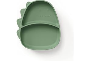 ÜneeQbaby Silikon-Kinder Teller i-Form - BPA-Frei, Spülmaschinenfest, Mikrowellen- und Ofensicher - Perfekt für Kleinkinder und Baby (Dino - Waldgrün)