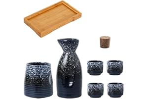 CAGFINY Set de Saké Japonais Bouteille de Saké en Céramique Tasses à Saké et Chauffe-Saké avec Plateau en Bois pour la Maison ou Le Restaurant