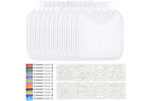 Aolso Bavoirs Bebe de Peinture,Bavoir pour Bébé Blanc à Peindre, 12PCS Bavoir Baby Shower a Dessiner avec 12 Marqueurs Textile et 8 Pochoirs Bonne Idée pour Activités pour Babyshower Party DIY