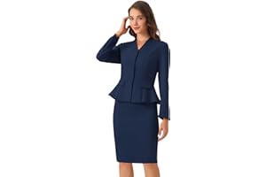 Allegra K Business 2 Piece Suit Set for Women's Long Sleeve Collarless Peplum Blazer Pencil Skirts