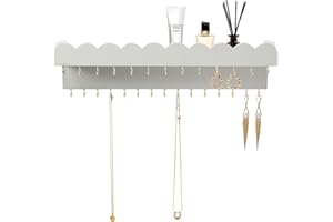 Lampaggio Wall Mount Jewelry Organizer with 28 Hooks and Cosmetics Shelf, Modern Wood Hanging Jewelry Holder for Necklaces, Bracelets, Earrings and Rings, Grey