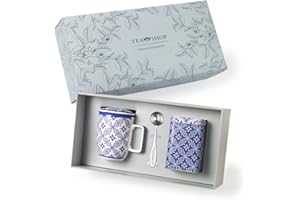 TEA SHOP - Pack Taza de porcelana con Filtro y Tapa + Lata y Cuchara medidora - Set Tea Time Azulejo - Perfecto para Regalo