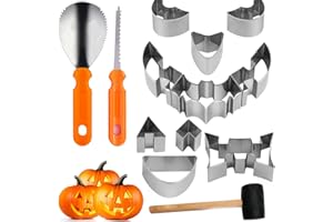 BGNXHYB Juego de 13 plantillas de calabaza para tallar, calabaza de Halloween, herramientas de tallado de calabaza, plantillas de acero inoxidable con martillo, para niños y familia, decoración de Halloween
