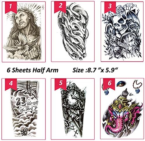 6 Sheets Temporary Tattoos for Body Makeup,Party Tattoos Stickers Half Arm Temporary Tattoos Jesus,Warrior Elephant, Dead Skull,etc.